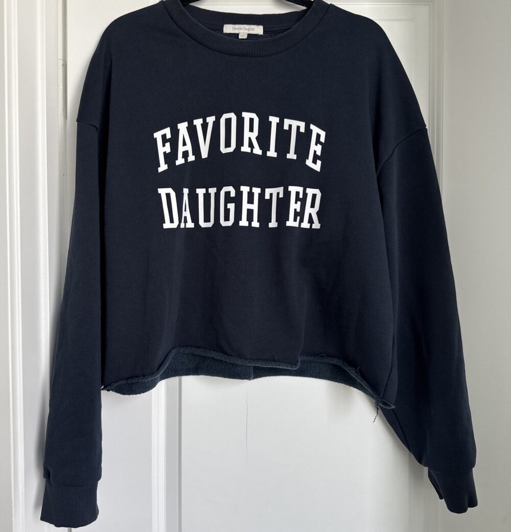 Favorite Daughter The Cropped Collegiate Sweatshirt Navy Blue Womens Size Large